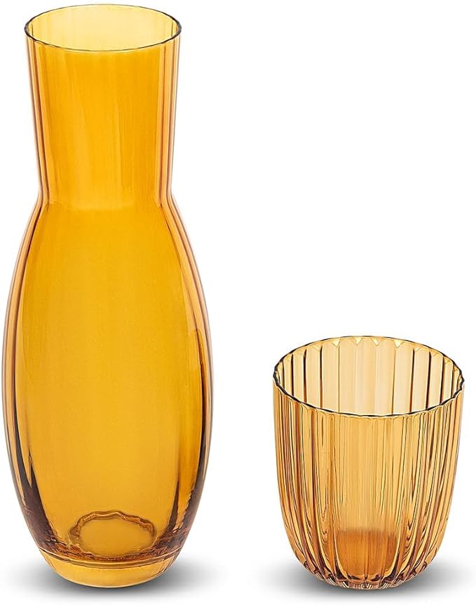 American Atelier 40 oz Bedside Water Carafe with Tumbler – 10.63" Ribbed 2-Piece Glass Set, Pitcher with Cup Lid for Nightstand, Guest Room, Office, Durable & Elegant Drinkware (Amber)