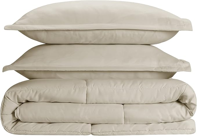 SERTA Simply Clean Ultra Soft Hypoallergenic Solid 3 Piece Comforter Set, Full/Queen, Khaki
