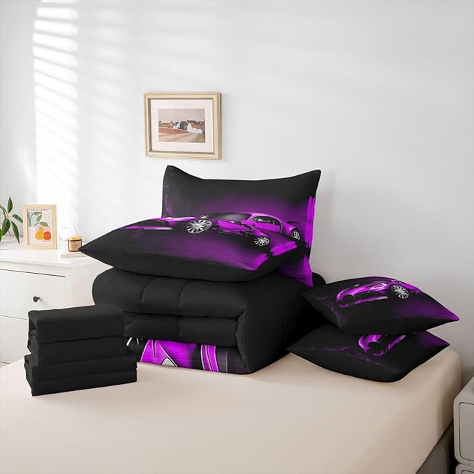 Feelyou Sports Car 7 Piece Bedding Set Purple Race Car Comforter Set with Sheets for Kids Boys Girls Extreme Sports Bed in a Bag Cool Speed Luxury Car Decor Quilt with 1 Pillowcase Twin