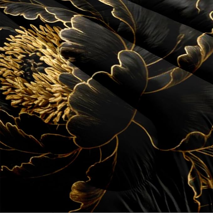 Black Floral Comforter Set Queen 3 Pieces Elegant Flower Printed Bedding Set Soft Microfiber Down Alternative Comforter with 2 Pillowcases