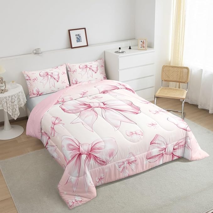 Erosebridal Pink Bow Girls Full Bedding Set Kawaii Bowknot Comforter Set for Kids Teen Women Bedroom Decor,Glitter Bow Bedding Comforter Sets Dreamy Princess Bowknot Quilt Duvet 2 Pillow Cases