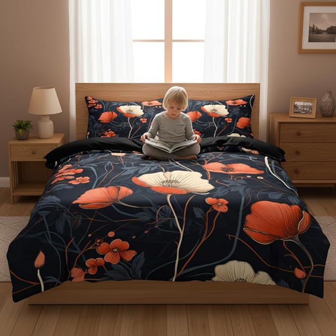 Vintage Floral Comforter Set King Size, Red and Black Flower Soft Bedding Set with 2 Pillowcases, Bedroom Decor/104 * 90