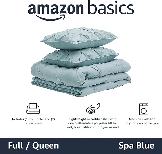 Amazon Basics 3-Piece Soft, Lightweight All-Season Down-Alternative Comforter Bedding Set, Pinch Pleat Design with Piped Edges, Full/Queen, Spa Blue