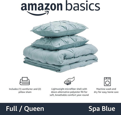 Amazon Basics 3-Piece Soft, Lightweight All-Season Down-Alternative Comforter Bedding Set, Pinch Pleat Design with Piped Edges, Full/Queen, Spa Blue