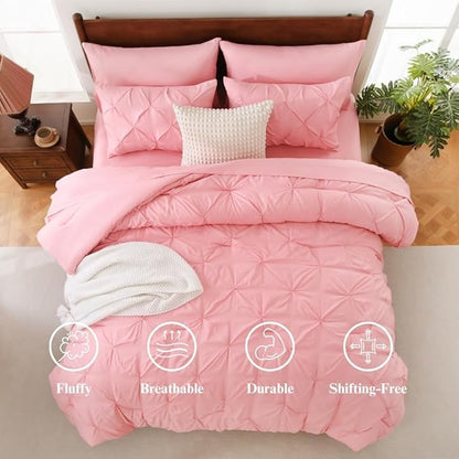 Sheet&Joy King Size Comforter Set, 7-Piece Bed in a Bag, Pintuck Bedding Set for All Season, Includes Comforter, Flat Sheet, Fitted Sheet, Pillowcases and Pillowshams, Pink