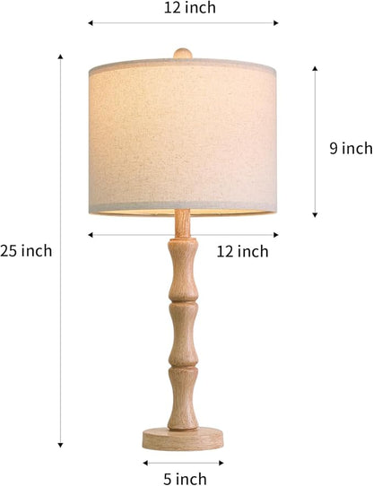 BOBOMOMO 25" Farmhouse Table Lamps Set of 2, Rustic Nightstand Lamps with Wood Grain Resin Base & Linen Shade, Standard Table Lamps for Bedroom, Living Room, Reading Nock & House Décor