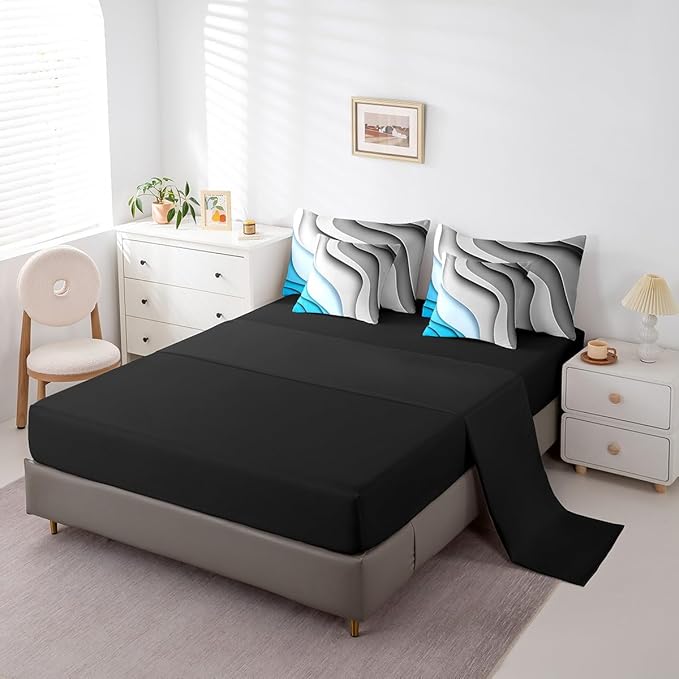 Erosebridal Grey Blue Gradient Bedding Twin Size 7-Piece for All Ages Geometric Stripe Comforter Set, Aesthetic Wave Bedding Comforter Sets Modern Abstract Bed in a Bag, Ombre Bedding Accessories