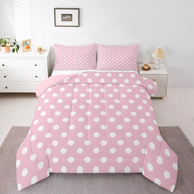 Manfei Polka Dots Comforter Set Queen Size,Cartoon French Style Princess Pink White Bedding Set 3 Pcs for Teens Adults,Modern Geometric Circles Abstract Simple Art Comforter,2 Pillowcases