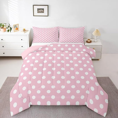 Manfei Polka Dots Comforter Set Queen Size,Cartoon French Style Princess Pink White Bedding Set 3 Pcs for Teens Adults,Modern Geometric Circles Abstract Simple Art Comforter,2 Pillowcases