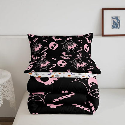 Erosebridal Cute Pink Halloween Queen Comforter Set Spider Web Skull Bat Bedding Set Spooky Goth Gothic Animal Bed Set Horror Halloween Quilt Set for Kids Teens Adults