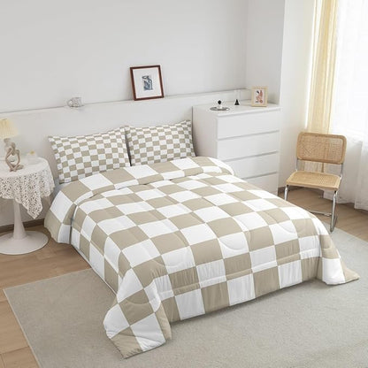 Feelyou Checkered Bedding Set Teen Women Men Beige Plaid Comforter Set King Size Kids Boys Girls Cute Retro Neutral Checkerboard Geometric Duvet Insert Vintage Aesthetic Room Decor