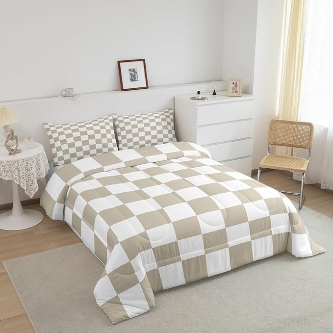 Feelyou Checkered Bedding Set Teen Women Men Beige Plaid Comforter Set Full Size Kids Boys Girls Cute Retro Neutral Checkerboard Geometric Duvet Insert Vintage Aesthetic Room Decor