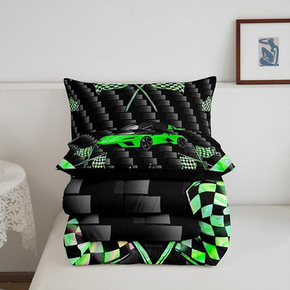 jejeloiu Green Race Car Bedding Set King Size Extreme Sports Comforter Set for Kids Teens Adult Fast and Furious Duvet Set Dazzling Flag Quilt Set 3Pcs