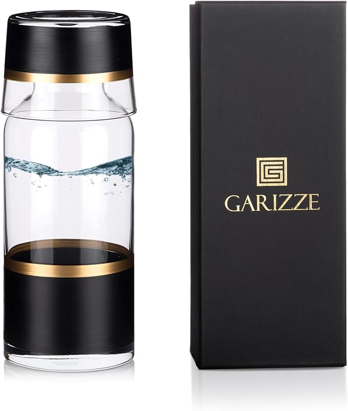 GARIZZE Bedside Water Carafe and Glass Set for Bedroom, Bedside Carafe and Glass Set, Mouthwash Decanter for Bathroom, Water Carafe with Glass Cup for Nightstand (24-oz/7-oz) (BLACK GOLD)Standard Pack