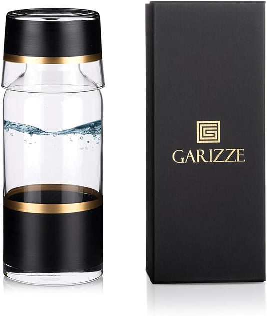 GARIZZE Bedside Water Carafe and Glass Set for Bedroom, Bedside Carafe and Glass Set, Mouthwash Decanter for Bathroom, Water Carafe with Glass Cup for Nightstand (24-oz/7-oz) (BLACK GOLD)Standard Pack