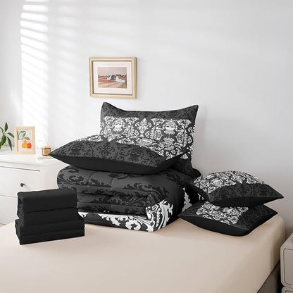 Gothic Skull Comforter Set 7 Piece Bed in a Bag Twin,Grey White Damask Bohemian Vintage Flowers Bedding Set,Goth Skeleton Comforter and Sheet Set,Exotic Boho Floral Crown Victorian Antique Decor