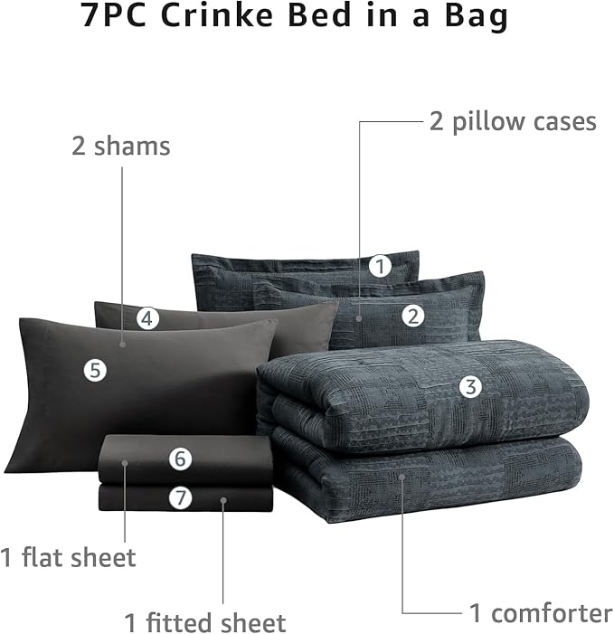MaiRêve Queen Comforter Set Blue Grey, Textured Design Crinkle Bedding Sets 7 Pieces, All Season Bed in A Bag with Comforter, Sheets, Pillowcases & Shams