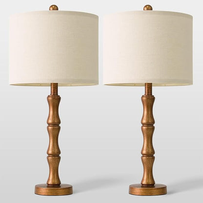 BOBOMOMO 25" Vintage Nightstand Lamps Set of 2, Farmhouse Table Lamps with Antique Gold Resin Base & Linen Shade, Standard Table Lamps for Bedroom, Living Room, Hallway & House Décor