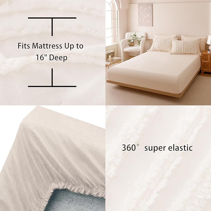 Beige Queen Comforter Set - 7 Pieces Bed in a Bag, Premium Comforters Queen Size Bed Set Tufted Shabby Chic Bedding Comforter Set with Flat Sheet, Fitted Sheet and Pillowcases,Beige