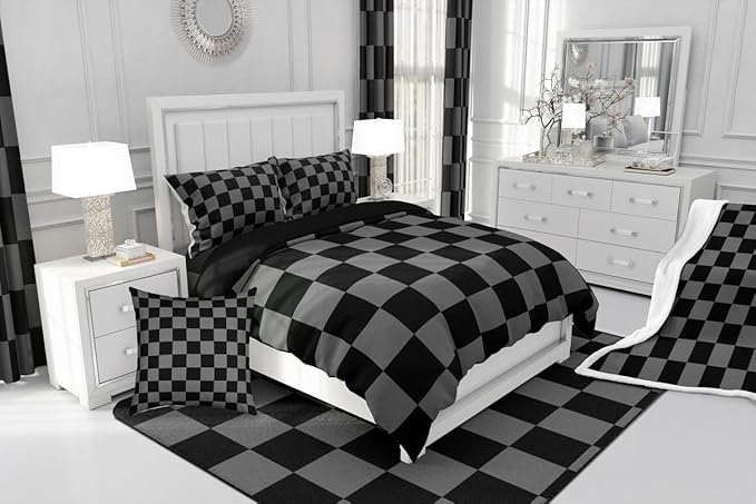 Feelyou Checkered Retro Comforter Set All Season Black Grey Plaid Bedding Set with 2 Pillow Cases Geometric Vintage Kids King Bedclothes Modern Simple Groovy Aesthetic Bedroom Decor Duvet Quilt
