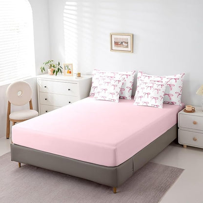Feelyou Bow Bedding Set for All Season Boys Girls Full Size Cute Bowknot 7 Pieces Comforter Sets for Kids Women Men Pink Girls Bow Bed in a Bag with Comforter, Sheets, Pillowcases & Cushion Cover