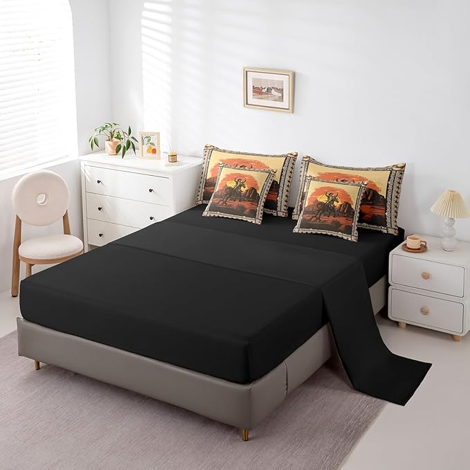 Feelyou Western Decor Comforter Set with Sheets Queen Size Kids West Cowboy Horse 7 Pieces Bedding Set for Boys Girls Teens Rodeo Cowboy Style Bed in a Bag Breathable Grunge Design Bed Set Star Sunset