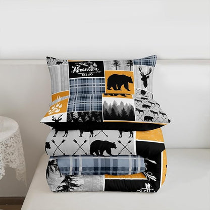 Deer Bear Queen Bedding Sets, Blue And Grey Buffalo Plaid Comforter Set Woodland Animal Wildlife Quilt Hunting Lodge Country Down Comforter Rustic Farmhouse Cabin Bathroom Decor, 2 Pillow Cases