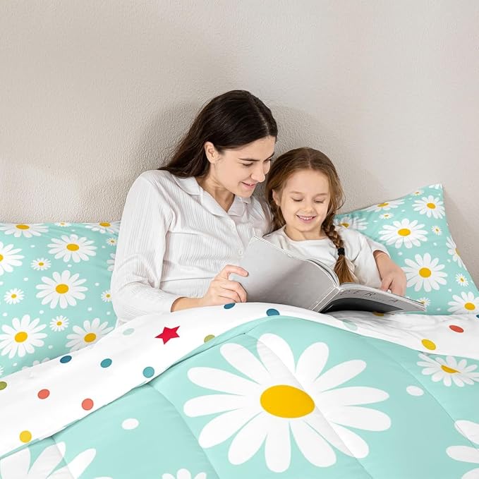 Erosebridal Teal Floral Queen Comforter Set Cute Daisy Girly Bedding Set Garden Plants Cartoon Flowers Comforter for Kids Teen Adults,Modern Aesthetic Decor Bed Set 2 Pillow Cases