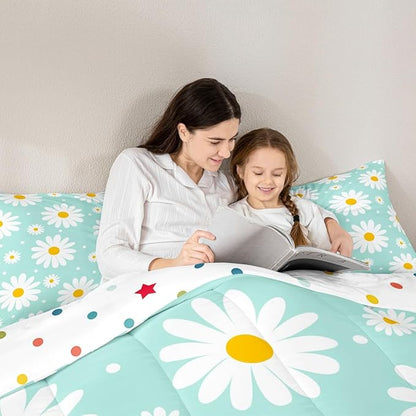 Erosebridal Teal Floral Comforter Set Cute Daisy Girly Toddler Bedding Set Garden Plants Cartoon Flowers Comforter for Kids Teen Adults,Modern Aesthetic Decor Bed Set 1 Pillow Case