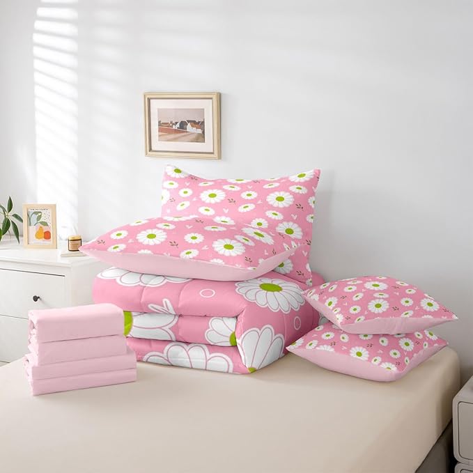 Feelyou Daisy Comforter Set with Sheets 7 Piece Twin Size Botanical Floral Printed Bed in a Bag Kids Boys Girls Blossom Flowers Pattern Bedding Set Pink Bedroom Decor Microfiber