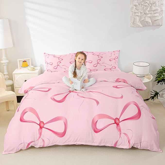 Erosebridal Pink Bow Bedding Set Full Cute Kawaii Bow Comforter Set for Girls Kids Teen Women,Dreamy Princess Bowknot Comforter Girly Coquette Ribbon Butterfly Knot Quilt with 2 Pillow Cases
