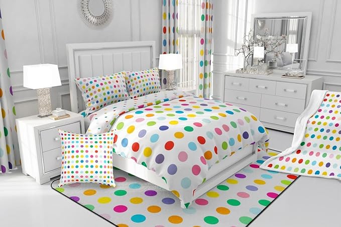 Manfei Polka Dots Comforter Set Queen Size 3 Pcs,Colorful Dots French Style Print Bedding Set,Kawaii Circles Geometric Simple Chic Quilt Set for Young Adults,2 Pillowcases