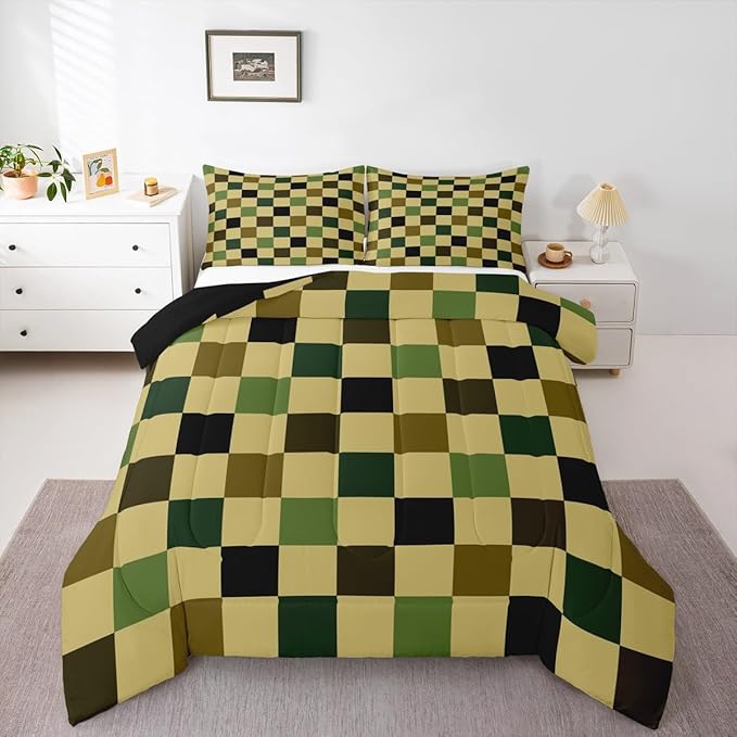 Feelyou Checkered Retro Comforter Set All Season Hunter Green Plaid Bedding Set with 2 Pillow Cases Geometric Camo Army Kids Queen Bedclothes Modern Hunting Groovy Aesthetic Bedroom Decor Duvet Quilt