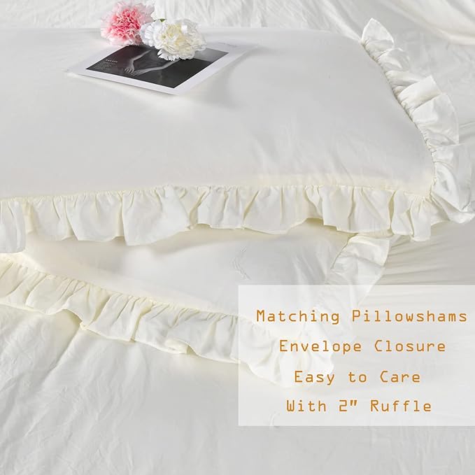 Masaca Ivory Ruffled Comforters Queen Size,Farmhouse Shabby Boho Chic Comforter Set,French Country Microfiber Inner Fill Ivory Bedding 3PCS(1 Ruffle Comforter and 2 Pillowcases)