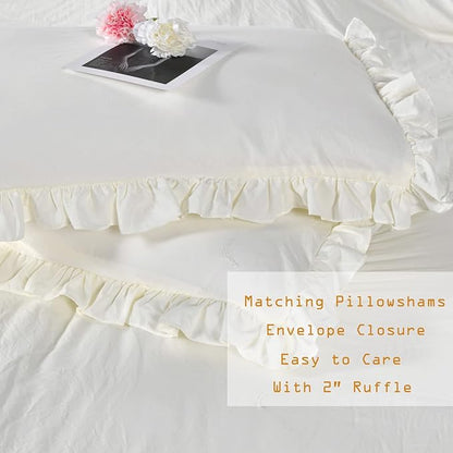 Masaca Shabby King Size Comforter Set, Farmhouse Ivory Bedding Ruffled Comforter Set King,Lightweight Vintage Rustic Bedding 3 Pcs (1 Shabby Comforter and 2 Pillowcases)