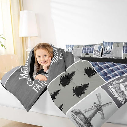 Erosebridal Western Cowboy Comforter Set Queen Size, Farmhouse Horse Bedding Set for Kids Boys Teens Adult Bedroom Decor, Rustic Cabin Lodge Windmill Quilt Rooster Pig Farm Animal Duvet Insert