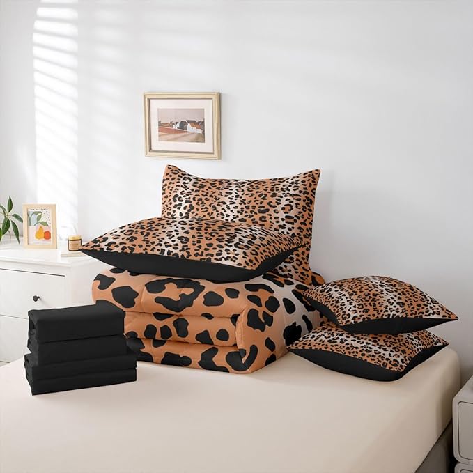 Erosebridal Cheetah Fur Print Ombre Brown Full Comforter Set 7 Pieces | Leopard Pattern Bed in A Bag for Bedroom Gradient Animal Skin Bedding Set with Comforters Women Men Adults Room Decor