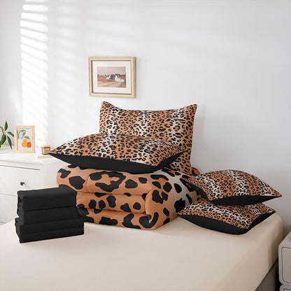 Erosebridal Cheetah Fur Print Ombre Brown Full Comforter Set 7 Pieces | Leopard Pattern Bed in A Bag for Bedroom Gradient Animal Skin Bedding Set with Comforters Women Men Adults Room Decor