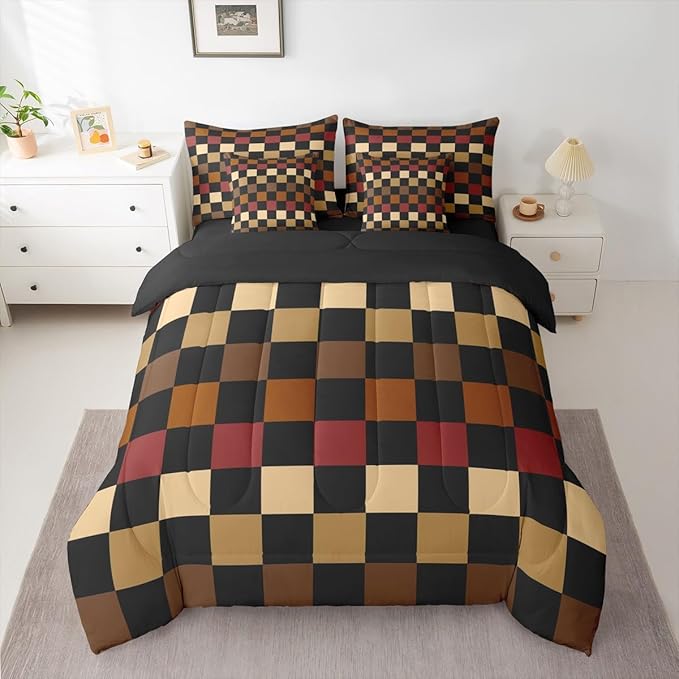 Feelyou Checkered Retro Comforter Set with Sheets 7 Piece Twin Size Brown Red Black Plaid Bed in a Bag Kids Boys Girls Geometric Vintage Bedding Set Modern Simple Groovy Aesthetic Bedroom Decor Soft