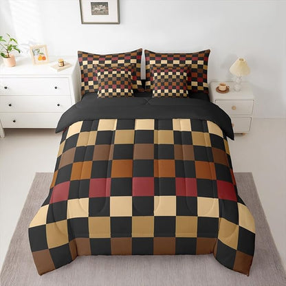 Feelyou Checkered Retro Comforter Set with Sheets 7 Piece King Size Brown Red Black Plaid Bed in a Bag Kids Boys Girls Geometric Vintage Bedding Set Modern Simple Groovy Aesthetic Bedroom Decor Soft