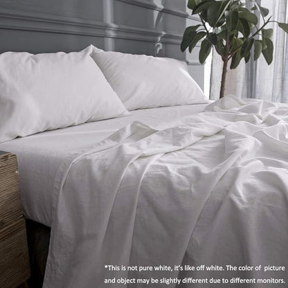 Simple&Opulence Belgian Linen Sheet Set Solid Color - 4 Pieces (1 Flat Sheet, 1 Fitted Sheet & 2 Pillowcases) Natural Flax Cotton Blend Soft Breathable Farmhouse Bedding - King Size, White
