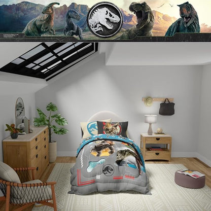 Jurassic World Rebirth Kids Bedding Super Soft Cozy Microfiber Comforter and Sheet Set, 4 Piece Twin Size, (Officially Licensed Product) by Franco