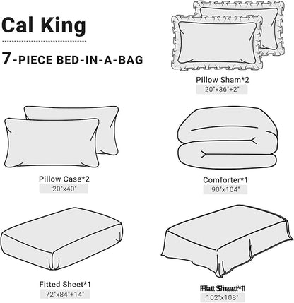 JOLLYVOGUE Black/Gray Bed in a Bag Comforter Set for Bedroom,Cal King Size Comforter Sets 7 Pieces,Bed in a Bag Comforter Set for Bedroom with Comforter, Sheets,Ruffled Shams & Pillowcases