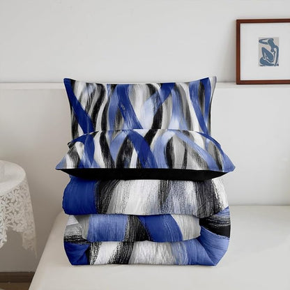 Erosebridal Geometric Stripes Comforter Toddler Modern Abstract Comforter Set Black Grey Navy Blue Bedding Set for Kids Boys Girls Teen Swirl Lines Quilt Duvet Room Decor 2 Pcs
