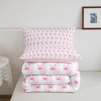 Castle Fairy Kids Bow Comforter Sets Twin Size,Pink Bowknot Stripes Bedding Set 2Pcs for Girls Teens Woman Room Decor,Sweet Princess Style Quilted Duvet Girly Bow Ribbon Down Comforter,1 Pillowcase