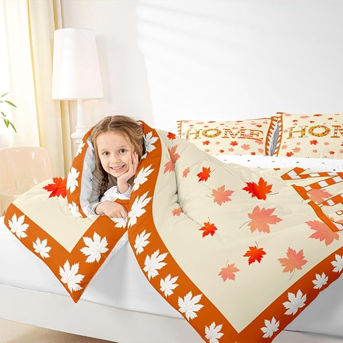 Fall Decor For Bedroom,Maple Leaf Pumpkin Wreaths Comforter Set Twin Fall Thanksgiving Quilt Bedding Sets For Home,Rustic Farmhouse Comforter Soft Lightweight For All Season Orange 1 Pillow Case
