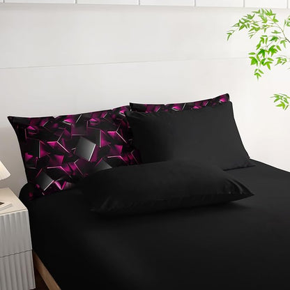 Black and Pink Geometric Comforter Set Twin Size 7PCS,Abstract Triangular Printed Bedding Set for Adults,Geometric Mordern Art Decor All Seasons with Pillowcases,Flat, Fitted Sheet