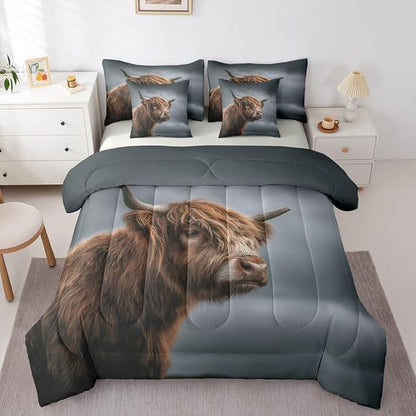 Erosebridal Highland Cow Comforter Sets with Sheets, Brown Cattle Bedding Set Queen for Boys Girls Nature Wild Animal 7Pcs Bed in A Bag Rustic Wildlife Bed Set