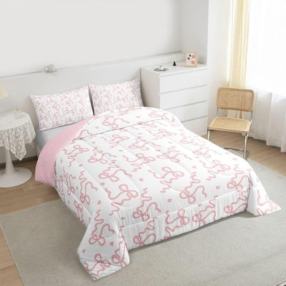 Pink Bow Print Comforter Set Full Size,Girl Sweet Princess Style Bedding Sets 3Pcs for Kids Girls Women Room Decor,Cute Love Pattern Down Comforter Girly Bowknot Quilted Duvet,2 Pillowcases