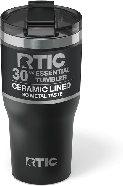 RTIC 30oz Essential Tumbler with Lid, Ceramic Lined, Insulated, Stainless Steel, Metal, Double Wall Vacuum-Insulation, Travel Cup for Iced Coffee, Tea, Hot and Cold Drink, Black